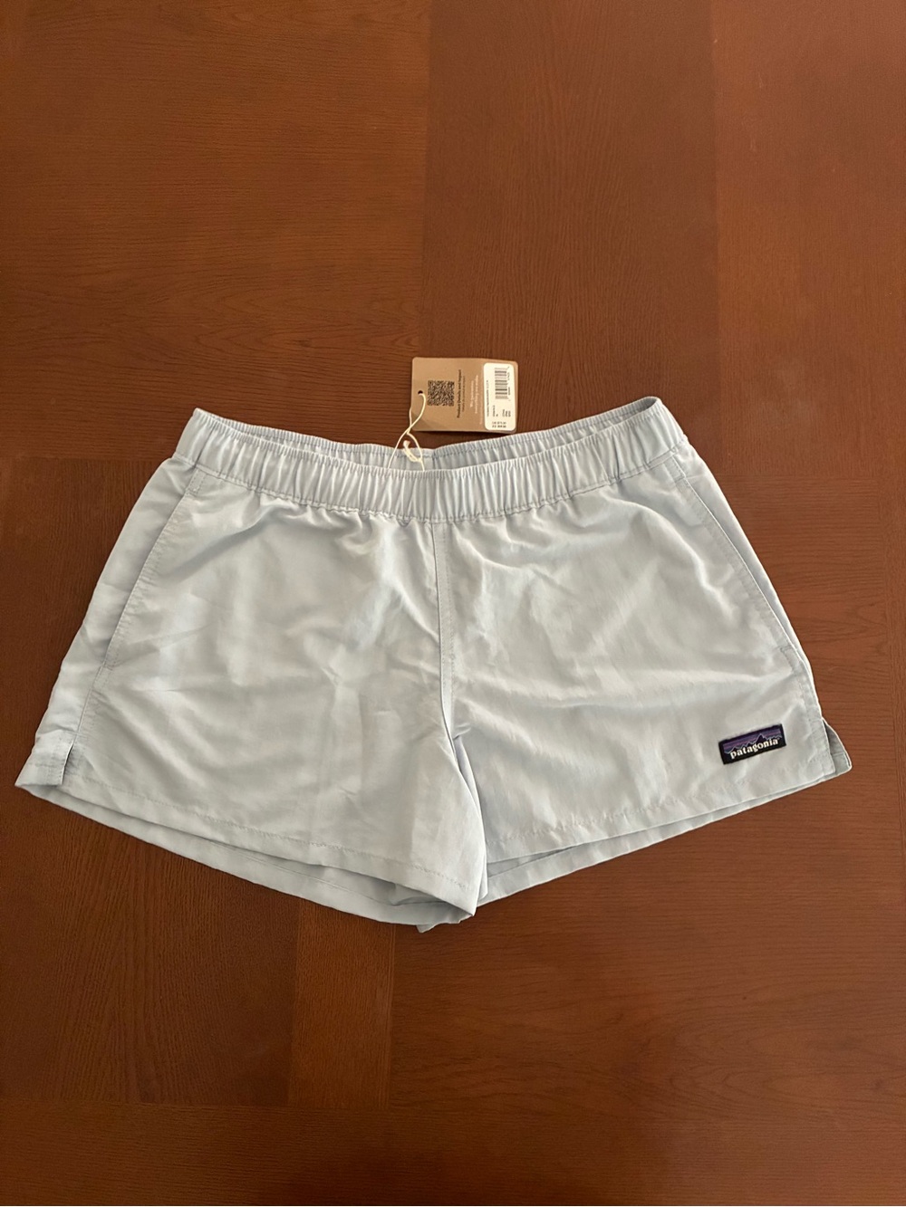 Patagonia Women’s Light Blue Elastic-Waist Shorts with pockets.